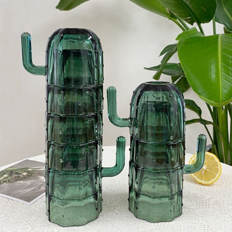 仙人掌杯子水杯家用复古玻璃杯套装创意高颜值ins风喝水杯可叠放