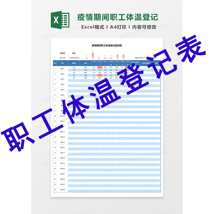 15疫情期间企业职工体温登记员工测体温监测表excel表格模板素材
