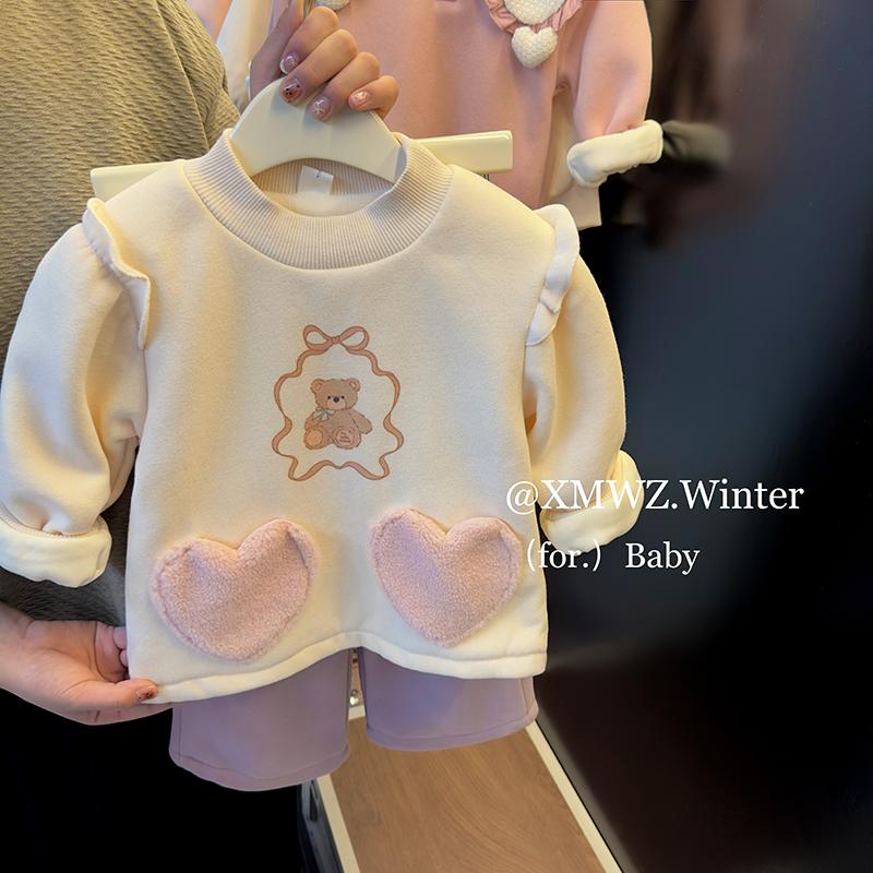 童装女童秋冬女宝宝可爱小熊绒衫小童中长款加厚卫衣保暖外套