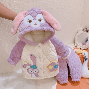 童装女童2025冬装三层加厚睡衣套装女宝宝法兰绒夹棉家居服两件套