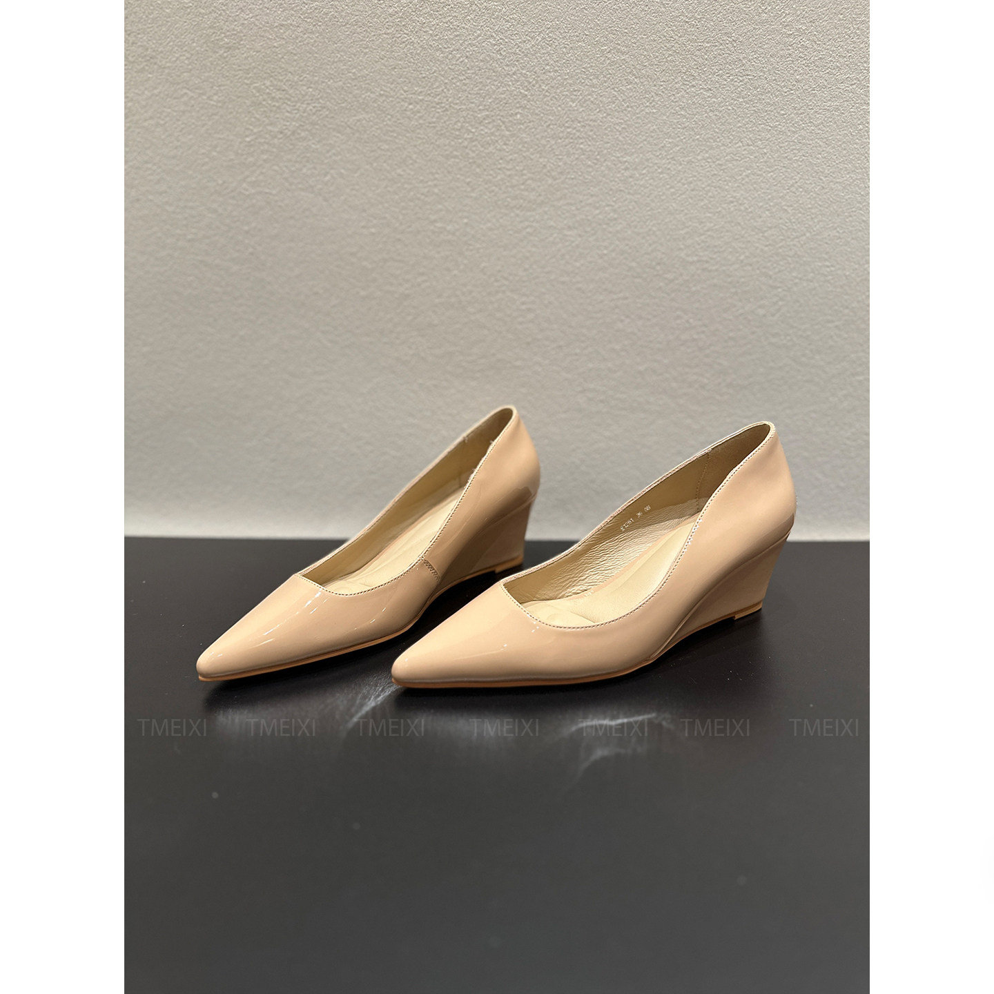 TMEIXI真皮尖头浅口单鞋女2026新款春秋季女鞋气质通勤坡跟高跟鞋