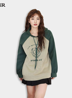 LEMR连帽卫衣秋冬加绒加厚款美式撞色中长款上衣女遮屁股洋气