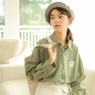 2023春秋新款 牛油果綠文藝清新女學(xué)生襯衣上衣外套外穿港味潮 韓版