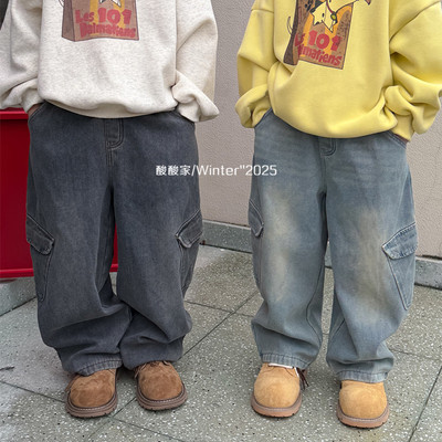 儿童复古做旧口袋牛仔工装裤