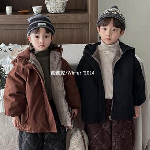 儿童过冬款加厚派克服大衣冬季新品韩版男女童兔毛绒连帽外套保暖