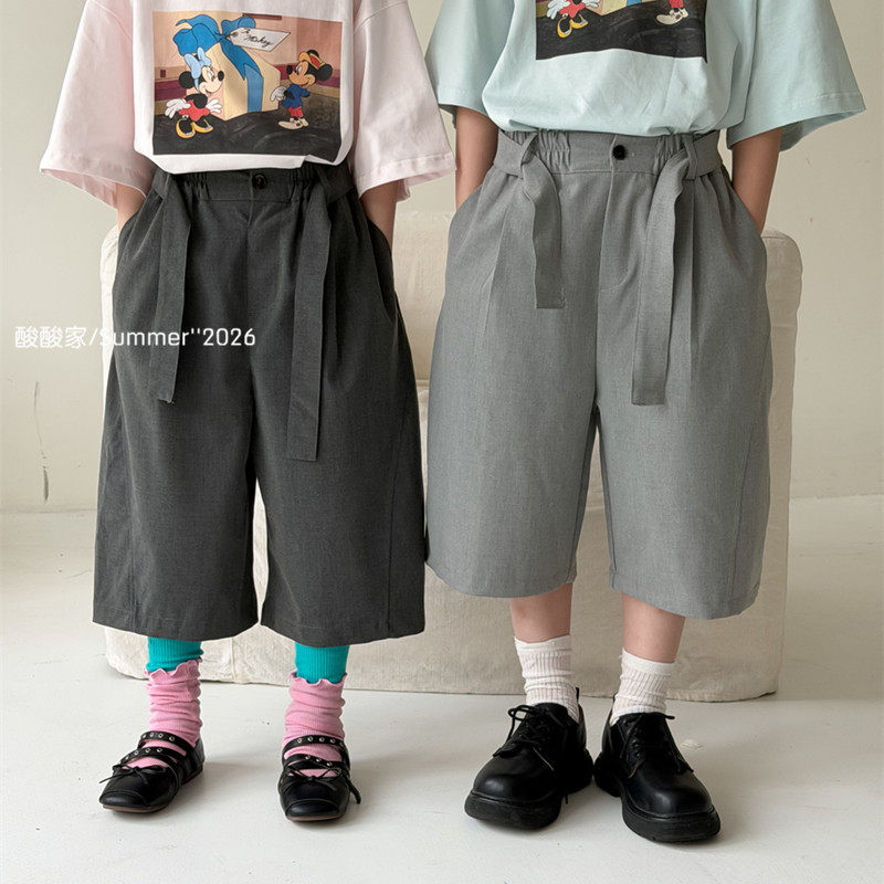 儿童纯色系带休闲西装裤夏季新品韩系男女童简约宽松百搭七分裤潮