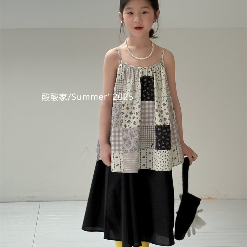 女童碎花格子拼接吊带裙