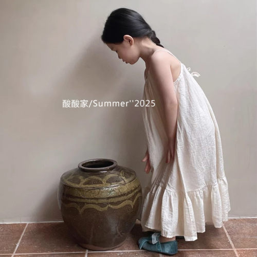 韩系童装女童棉麻吊带裙度假裙