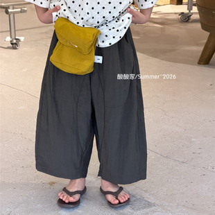 儿童复古深绿色休闲裤夏季新品韩系男女童速干飞鼠裤皱皱气球裤潮