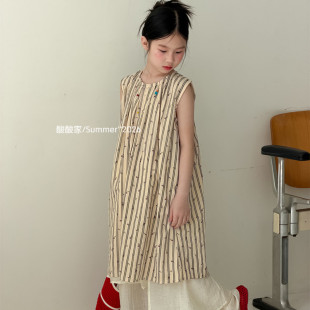 女童竖条纹小花背心裙夏季新品韩系儿童休闲宽松无袖连衣裙叠穿