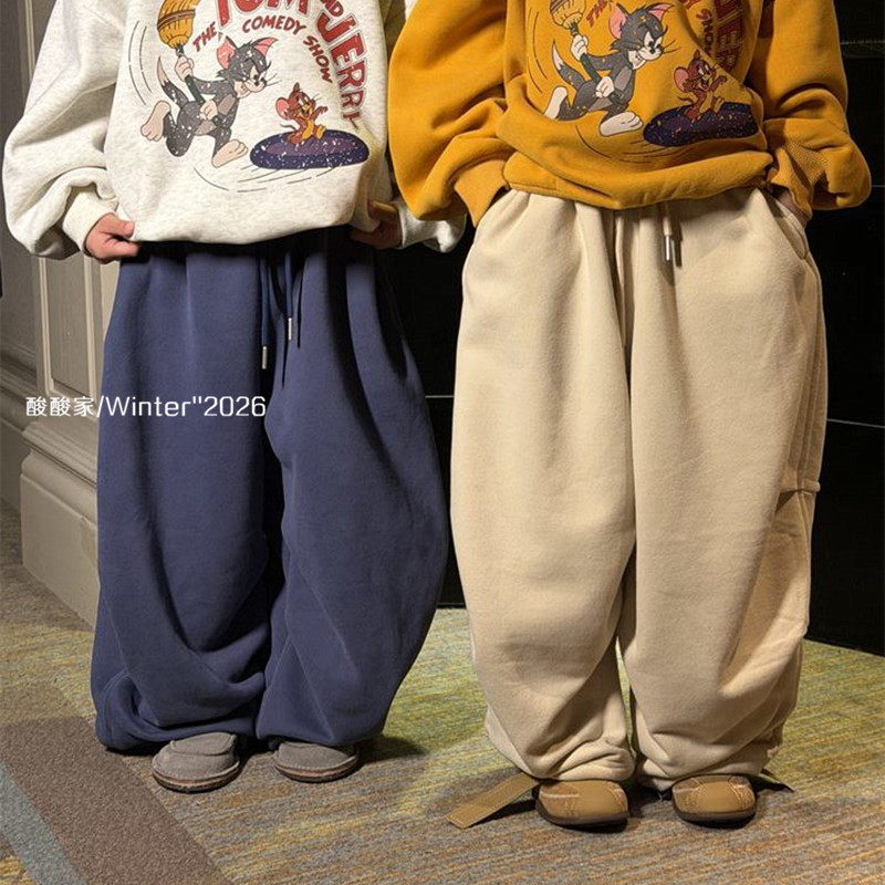 儿童纯色休闲直筒裤冬季新品韩系男女童宽松拼接系带加绒卫裤长裤