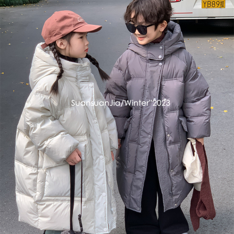 男女童纯色中长款连帽羽绒服