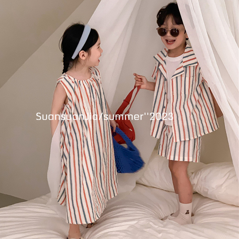 韩系童装女童森系彩色条纹背心裙夏季新品男童短袖衬衫短裤兄妹装