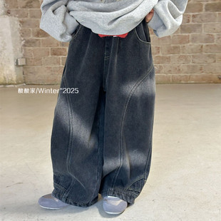 儿童复古倒装设计感牛仔裤冬季新品韩版男女童休闲宽松加绒长裤潮
