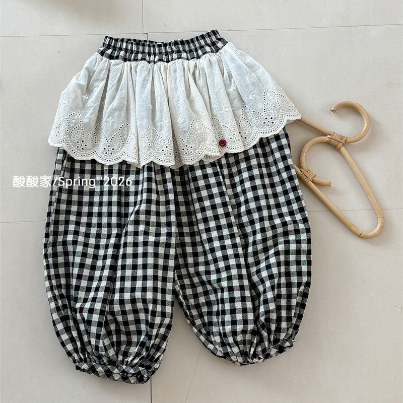女童森系格子花边灯笼裤春季新品韩系女宝宝休闲宽松蕾丝边屁帘裤