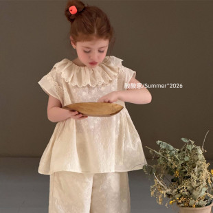 女童刺绣花边娃娃领衬衫夏季新品韩系女宝宝宽松米色无袖背心上衣