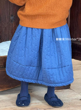 女童裙子蓝色绗棉半身裙冬季新品韩系女宝宝百搭纯色夹棉半裙棉裙