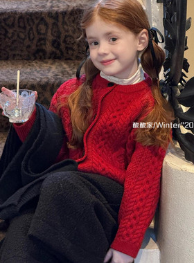女童红色圣诞毛衣开衫冬季新品韩系女宝宝显白新年针织麻花毛线衣