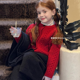 女童红色圣诞毛衣开衫冬季新品韩系女宝宝显白新年针织麻花毛线衣