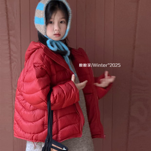 女童红色轻薄连帽羽绒服冬季新品韩系女宝宝休闲保暖90白鸭绒外套