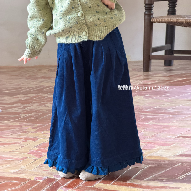 女童宝蓝色花边灯芯绒阔腿裤秋季新品韩系儿童百搭宽松休闲长裤子