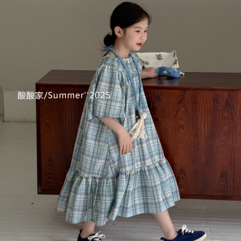 女童蓝色格子短袖连衣裙夏季新品韩系女宝宝田园休闲宽松公主长裙