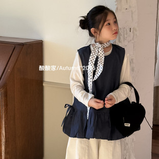 女童纯色系带背心衬裙秋季新品韩系女宝宝藏青色花苞无袖连衣裙衫