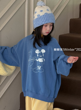 女童卡通拳击米奇蓝色卫衣冬季新品韩系女宝宝纯色抓绒套头上衣潮