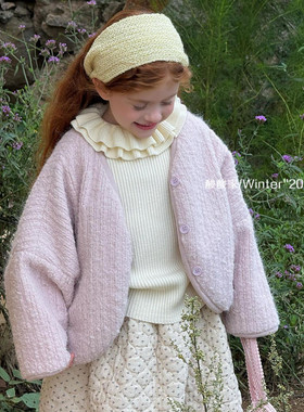 女童浅紫色毛呢短款蝙蝠衫冬季新品韩系女宝宝可爱呢子外套大衣