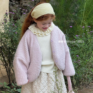 女童浅紫色毛呢短款蝙蝠衫冬季新品韩系女宝宝可爱呢子外套大衣