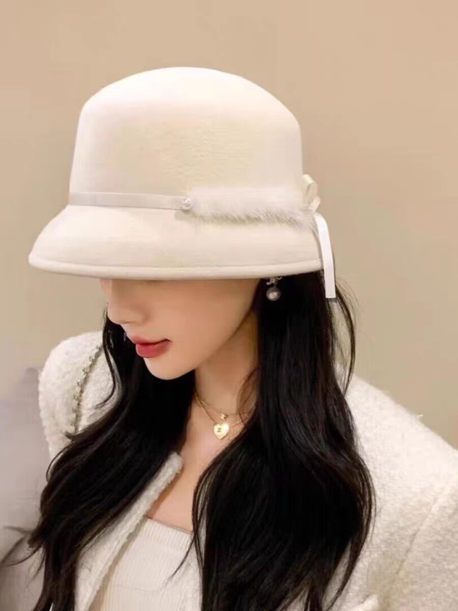 帽子女秋冬新款个性水貂毛装饰羊毛呢礼帽韩版百搭保暖盆帽渔夫帽