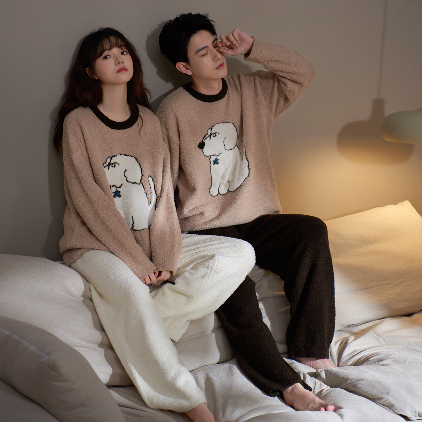马克公主情侣毛绒睡衣女卡通小狗加厚青少年外穿半边绒家居服男士