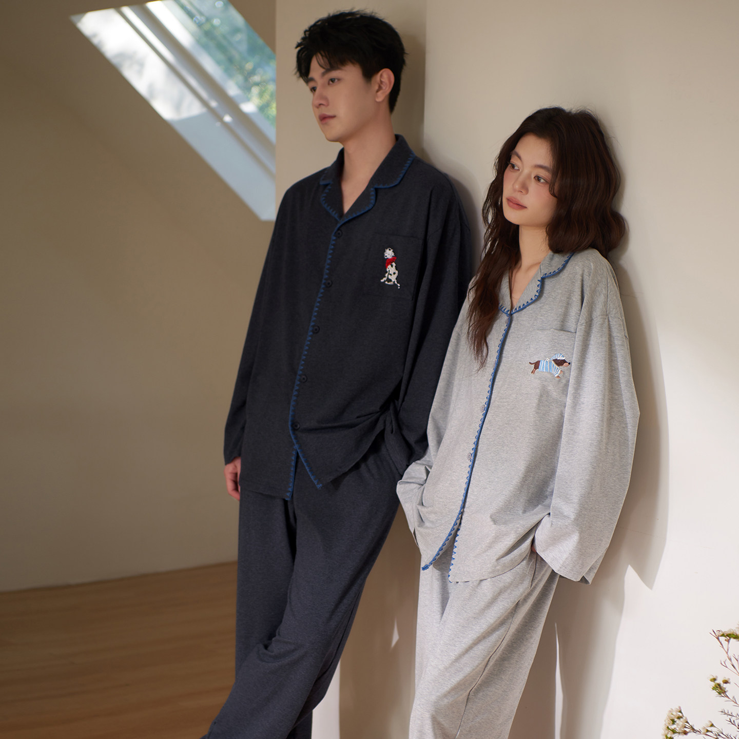 马克公主情侣睡衣女春秋纯棉长袖可爱撞色贴身睡觉穿大码家居服男