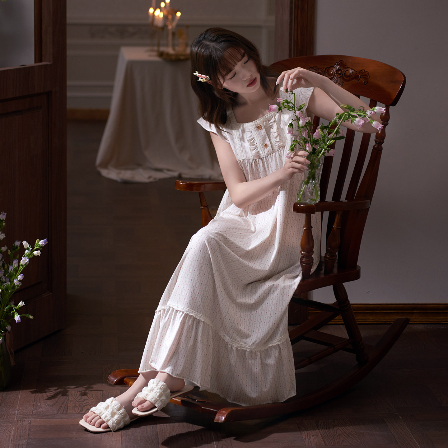 马克公主碎花背心睡裙女夏季法式绝美宽松孕妇睡衣莫棉公主风长裙