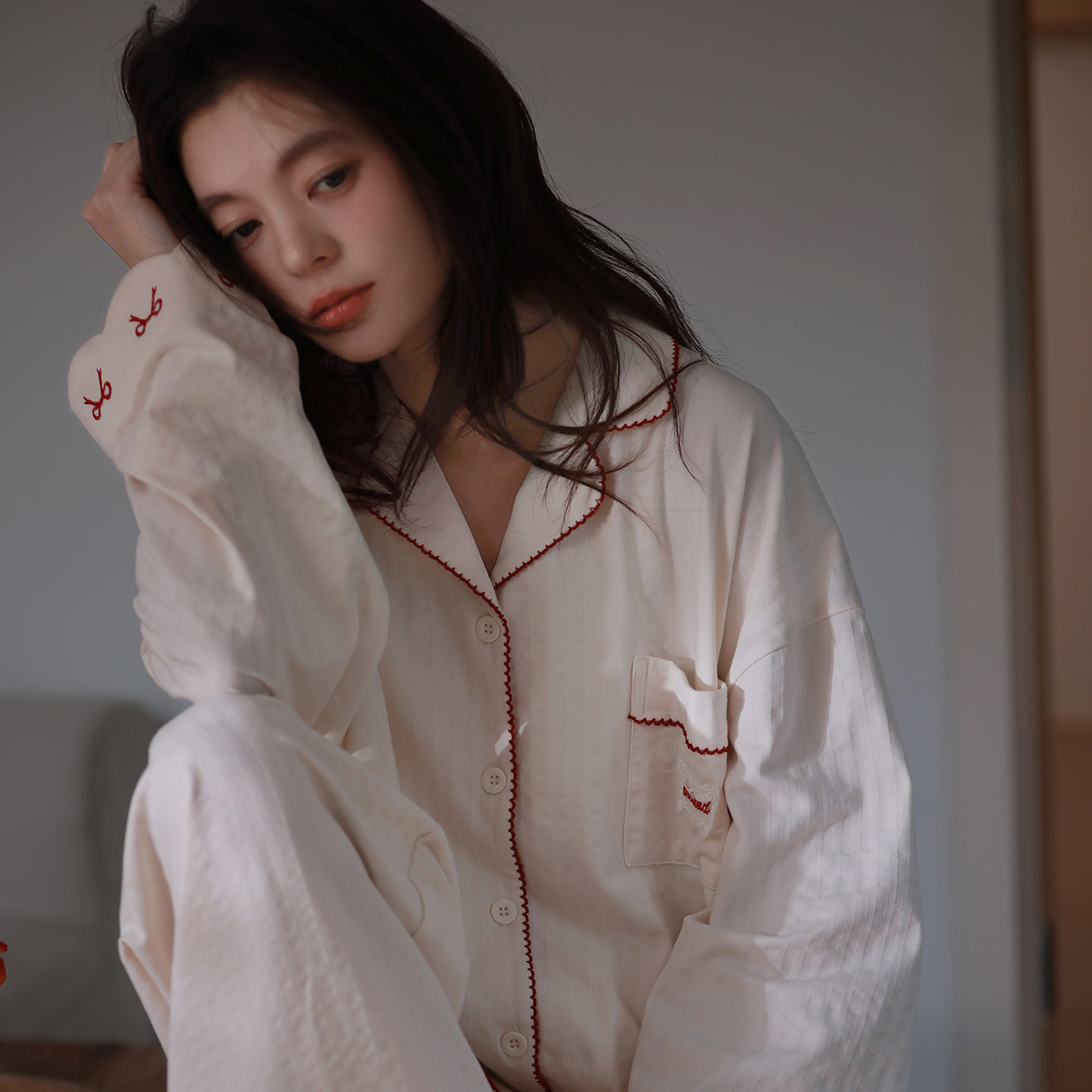 马克公主春秋款长袖睡衣女纯棉红色蝴蝶结韩系少女风可外穿家居服