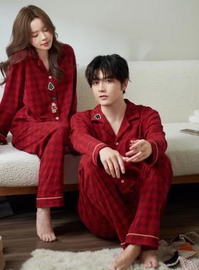 马克公主情侣居家服纯棉红色本命年春秋睡衣结婚新婚男女套装秋冬