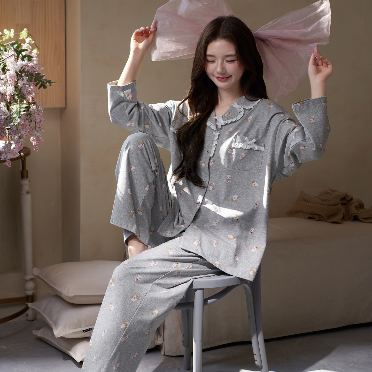 马克公主春秋纯棉睡衣女款韩系ins风卡通小熊长袖少女甜美家居服