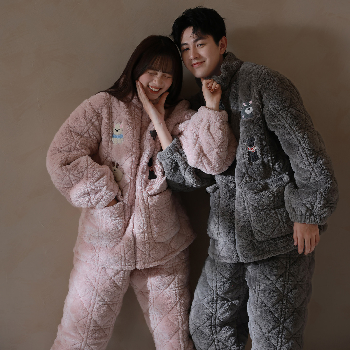 马克公主外穿三层情侣睡衣女冬季加厚加绒可爱珊瑚绒夹棉家居服男