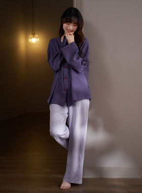 马克公主春秋纯棉睡衣女日系宽松慵懒风洋气紫色长袖家居服可外穿