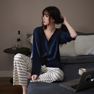 马克公主莫代尔棉睡衣女款春秋V领气质显瘦长袖条纹家居服可外穿