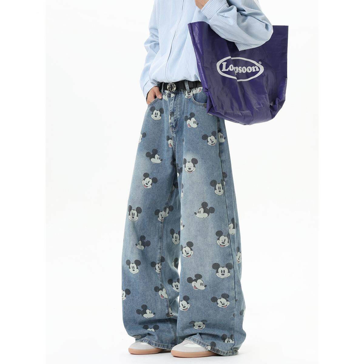 卡通米奇印花牛仔裤男2026新款直筒宽松阔腿美式高街裤子潮流百搭