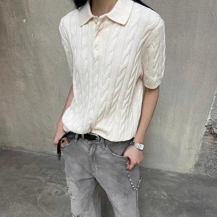 美式复古麻花polo衫高端针织短袖男款夏季老钱风百搭t恤上衣半袖