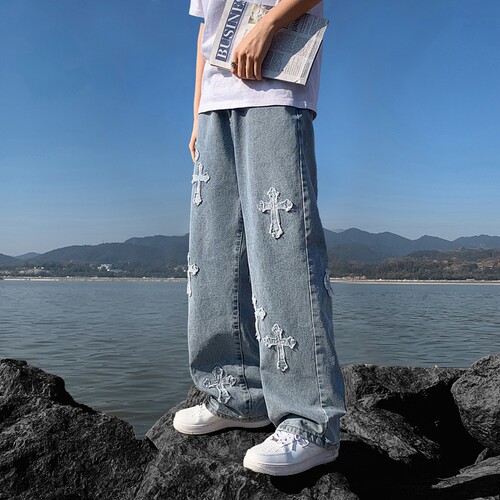 潮标蒂十字架牛仔裤男款直筒宽松