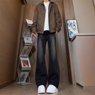 子潮流百搭拼接解构长裤 高街裤 男直筒宽松阔腿美式 黑色微喇牛仔裤