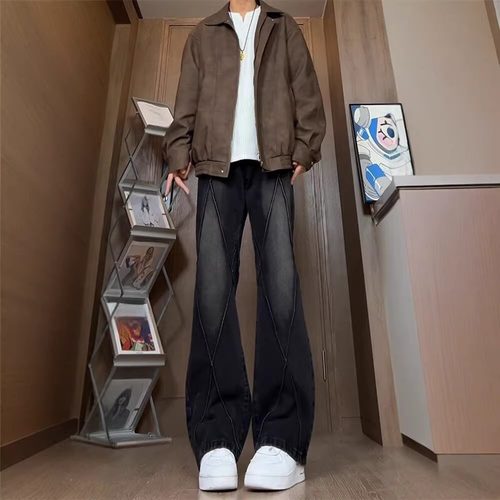 潮标蒂黑色微喇牛仔裤男直筒宽松