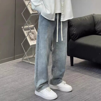 潮标蒂松紧腰牛仔裤男款直筒宽松