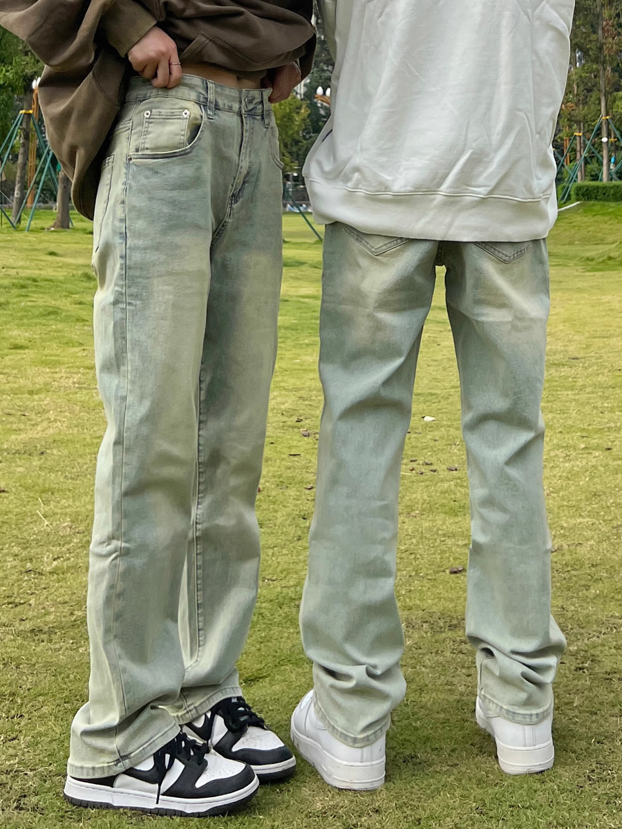 潮标蒂黄泥复古牛仔裤男直筒宽松
