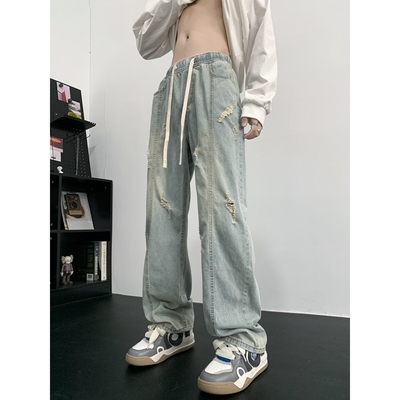 潮标蒂长裤破洞夏季腰部抽绳