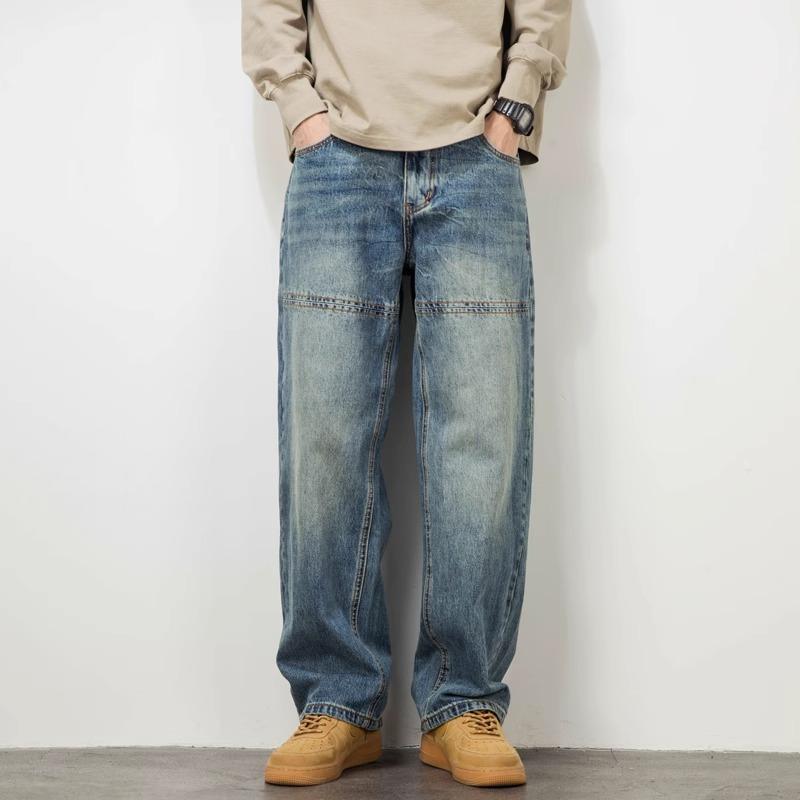 潮标蒂水洗拼接牛仔裤男直筒宽松