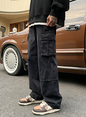 多口袋工装裤男秋冬款宽松直筒阔腿男士休闲裤ins美式潮牌长裤子